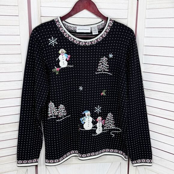 Alfred Dunner Embroidered Snowman Polka Dot Holiday Christmas Sweater Black S - Picture 7 of 11